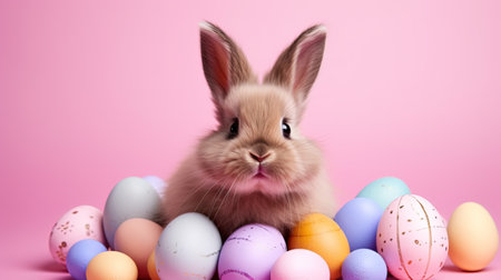Fluffy white rabbit with easter eggs before pink backgroundの素材