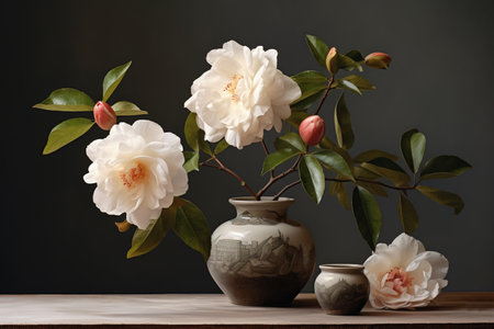 Beautiful white camellia flowers in vase on wooden tableの素材