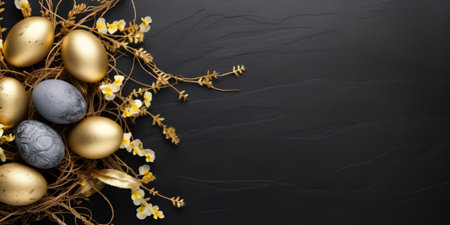 Easter Decoration With Golden Eggs on Dark Shale Background with copy spaceの素材