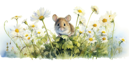 mouse on a white background with chamomiles and daisiesの素材