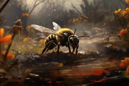 Digital illustration of a wasp on ground, surrounded by grass, tree roots, dirt and stickの素材