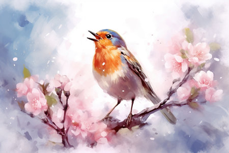 Singing robin bird on a blooming cherry treeの素材