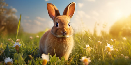 A cute rabbit in the grass fields on a spring dayの素材