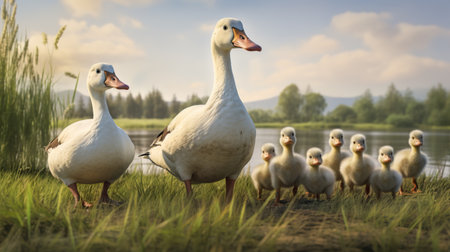 Goose family in the grass on a springtime morningの素材