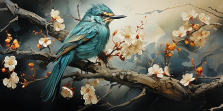 Stylized hummingbird sitting between blossoms in the springの素材