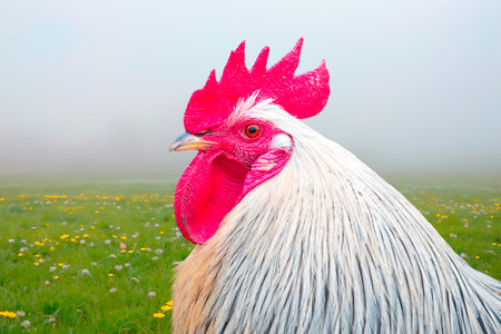 A white Brahma rooster on the farm in springの素材