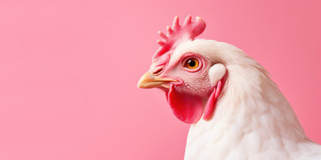 Chicken's head on pink background with copyspace. Agriculture and farming conceptの素材