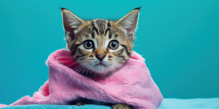 Cute wet tabby kitten wrapped in a pink towel on blue background. Washing petsの素材