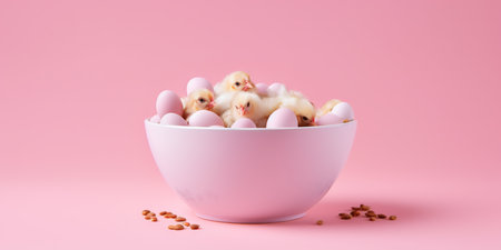 A bowl with little chickens and eggs on pink background with copyspace. Agriculture and farming conceptの素材