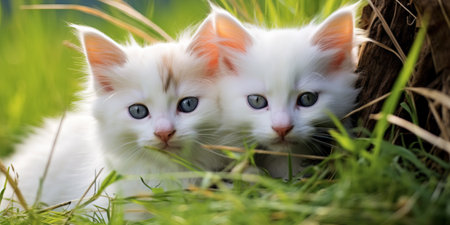 White cute kittens playing in the grass in springtimeの素材