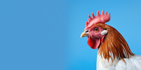 Portrait of rooster isolated on blue background. Copy space.の素材