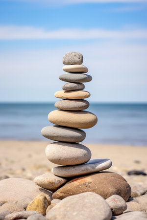 Stack of round smooth stones on a seashore. Mental health and meditation conceptの素材