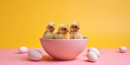 A bowl with little chickens and eggs on yellow background with copyspace. Agriculture and farming conceptの素材