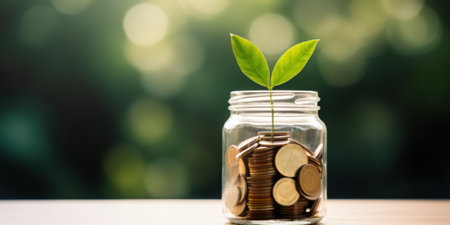 Green plant growing from a stack of coins, dark background, copy space. Money, investment conceptの素材