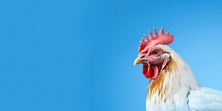 Rooster's head on blue background with copyspace. Agriculture and farming conceptの素材