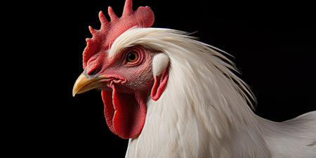 A beautiful white rooster in a dynamic portrait pose isolated on black backgroundの素材