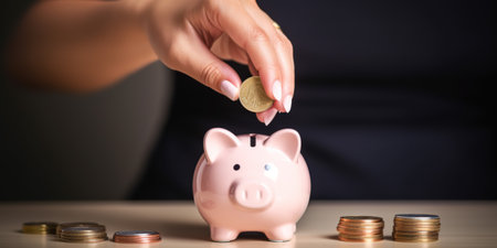 Woman's hand putting a coin in a piggy bank. Money, savings, investment conceptの素材