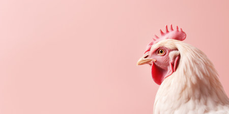 Chicken's head on pink background with copyspace. Agriculture and farming conceptの素材