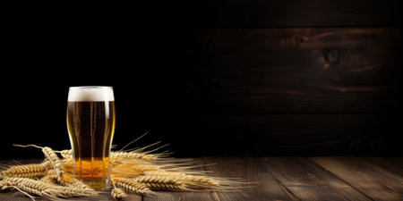 Glass of light wheat beer and wheat ears on wooden table on black background with copy spaceの素材