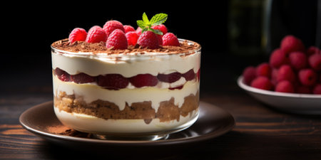 Glass bowl of tiramisu with whipped cream and raspberry on topの素材