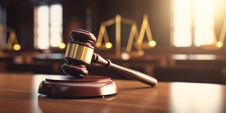 Judge gavel on top of a table in courtroom. Court of Justice and law trial, courtroom attastor talking to magistrate, supreme Federal Court Judge Starts Civil Case Hearingの素材