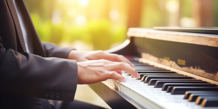 Closeup photo of male hands of a person playing the piano pressing the keys. bokeh lights in the background. outside in the nature playing music instrumentの素材