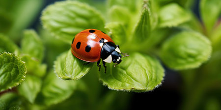 ladybug on a green leaf macro close up in the natureの素材