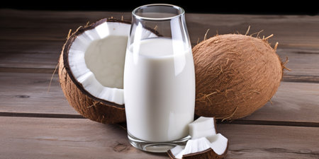 Fresh coconut milk in a glass, vegan non dairy, healthy drinkの素材