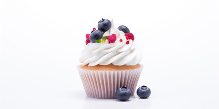 Cupcake with blueberries and raspberries on a white backgroundの素材