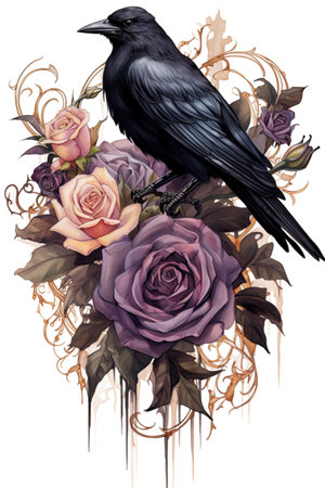 Idyllic watercolor and ink clipart of dark victorian gothic rose flowers and a black raven with gold accents, isolated on a white background, dark moody colorsの素材