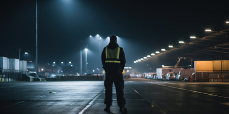 Industrial worker walking in front of a cargo terminal at night.の素材