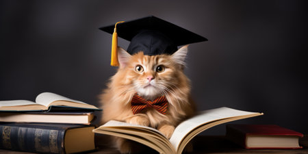 Red Maine Coon cat in graduation cap and book. Education concept.の素材