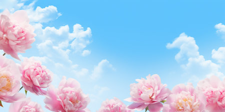 Peony flower on blue sky background with clouds. Floral background.の素材