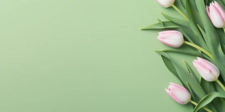 Pink tulips on green background. Flat lay, top view, copy spaceの素材