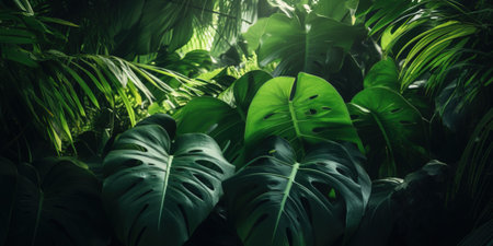Tropical jungle background. Dark green leaves of monstera plant.の素材