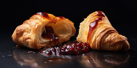 Two croissants with jam on a black background close-upの素材