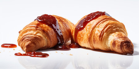 Croissants with jam on a white background close-up.の素材