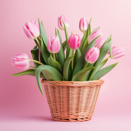 Bouquet of pink tulips in a basket on a pink backgroundの素材