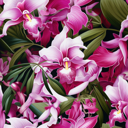 Seamless pattern with orchids and palm leaves. Vector illustration.の素材