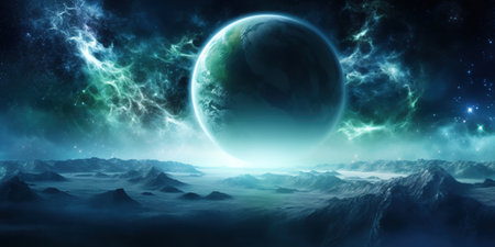 Fantasy alien planet in outer space. 3D rendering illustration.の素材