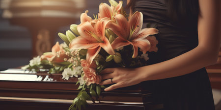 Close up shot of a woman holding a bouquet of flowers in a coffinの素材