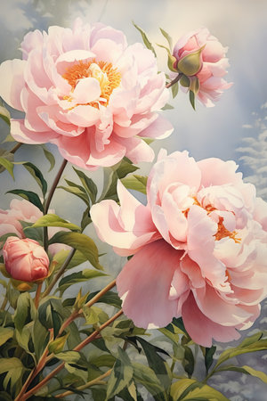 Beautiful blooming peony flowers on a background of blue skyの素材
