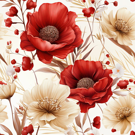 Seamless pattern with red and white poppies. Vector illustration.の素材