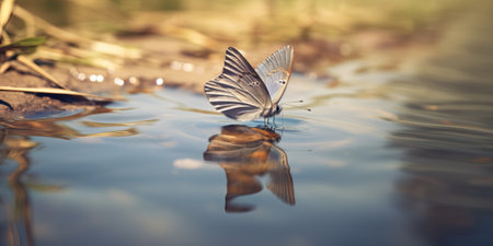 Butterfly on the water in the morning sun. Nature backgroundの素材