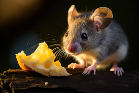 Cute little mouse eating a piece of cheese on wooden background.の素材
