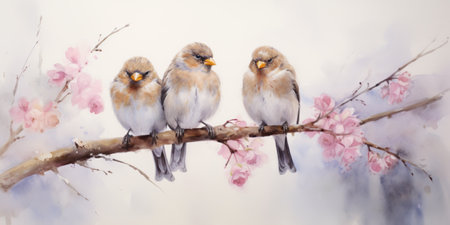 Watercolor painting of three chaffinch birds sitting on a blooming branchの素材