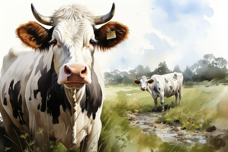 Cow on the meadow. Digital painting of a cow with a cow.の素材