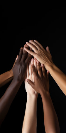 Closeup of multiethnic young people hands together isolated on blackの素材