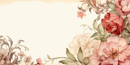Vintage floral background with peony flowers. Hand drawn illustration.の素材