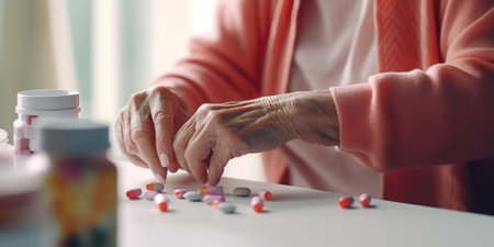 Elderly woman taking pills at home. Focus on foreground.の素材